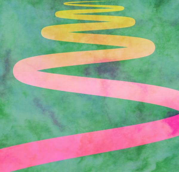 An abstract illustration of a winding path narrowing into the distance in yellow, pink and green hues.