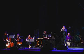 Brett Anderson, a man with fair-skin and short dark hair wearing a black shirt and black jeans, is holding a microphone and also singing on stage. Behind him are five musicians: a double bassist, cellist, violinist, xylophonist and a drummer. They are all playing their instruments. The stage is dark and illuminated in blue hues, while the performers are brightly lit in white spotlights.