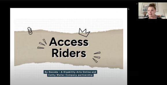 Cathy Waller is sharing the title slide of a presentation on Access Riders over Zoom.